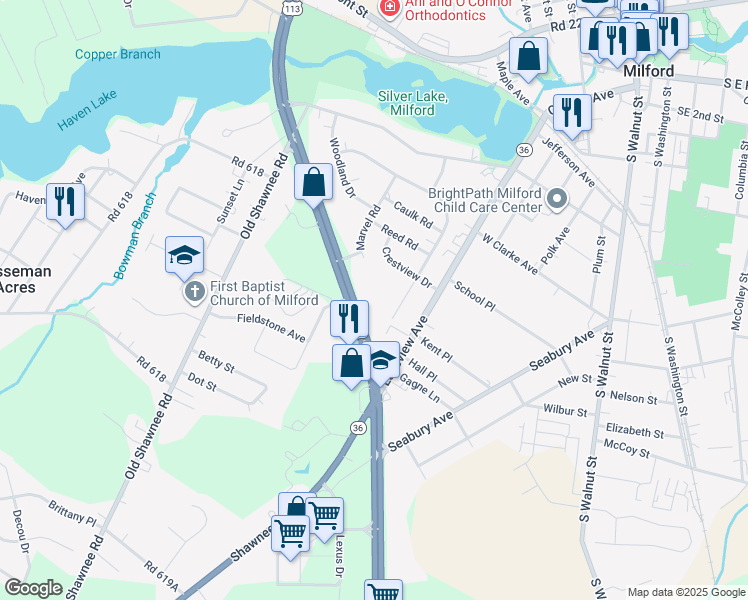 map of restaurants, bars, coffee shops, grocery stores, and more near 409 South Dupont Boulevard in Milford