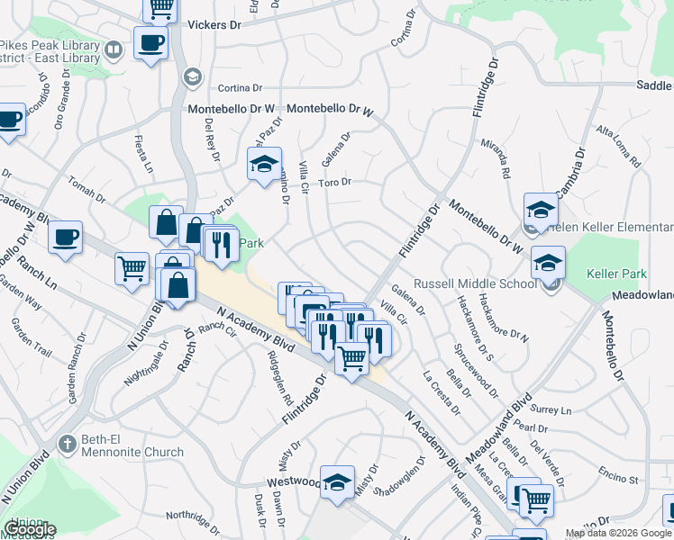 map of restaurants, bars, coffee shops, grocery stores, and more near Villa Circle in Colorado Springs