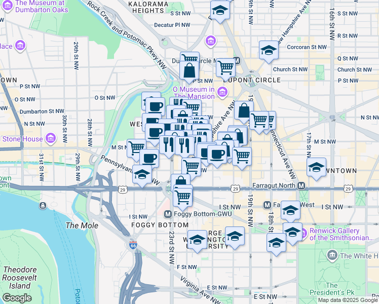 map of restaurants, bars, coffee shops, grocery stores, and more near 1177 22nd Street Northwest in Washington