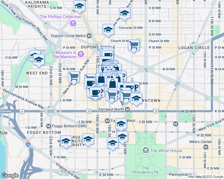 map of restaurants, bars, coffee shops, grocery stores, and more near 1139 18th Street Northwest in Washington
