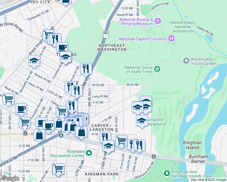 map of restaurants, bars, coffee shops, grocery stores, and more near 1159 Summit Street Northeast in Washington