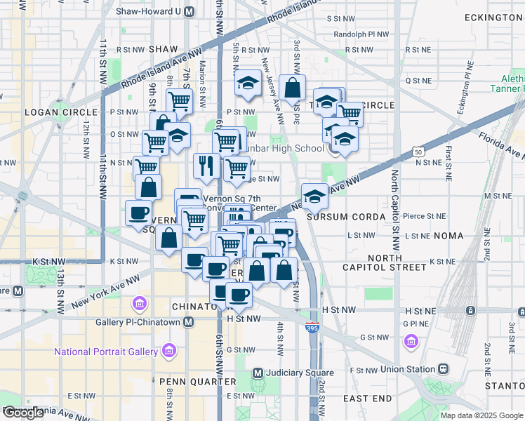 map of restaurants, bars, coffee shops, grocery stores, and more near 437 New York Avenue Northwest in Washington