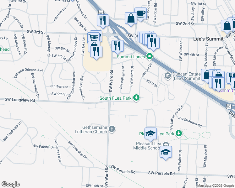 map of restaurants, bars, coffee shops, grocery stores, and more near 701 Southwest Ward Road in Lee's Summit