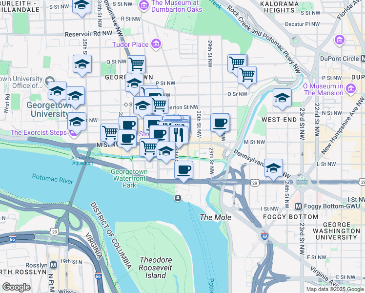 map of restaurants, bars, coffee shops, grocery stores, and more near 3040 M Street Northwest in Washington