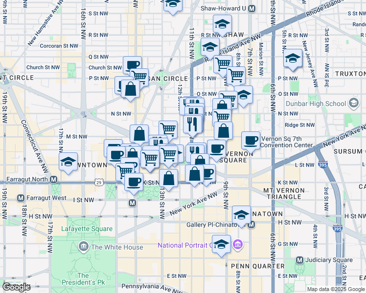 map of restaurants, bars, coffee shops, grocery stores, and more near 1125 12th Street Northwest in Washington