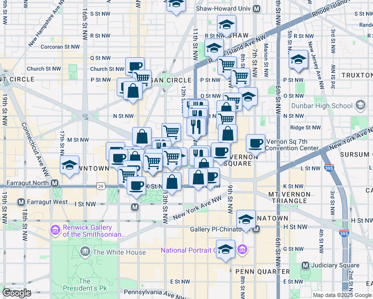 map of restaurants, bars, coffee shops, grocery stores, and more near 1125 12th Street Northwest in Washington
