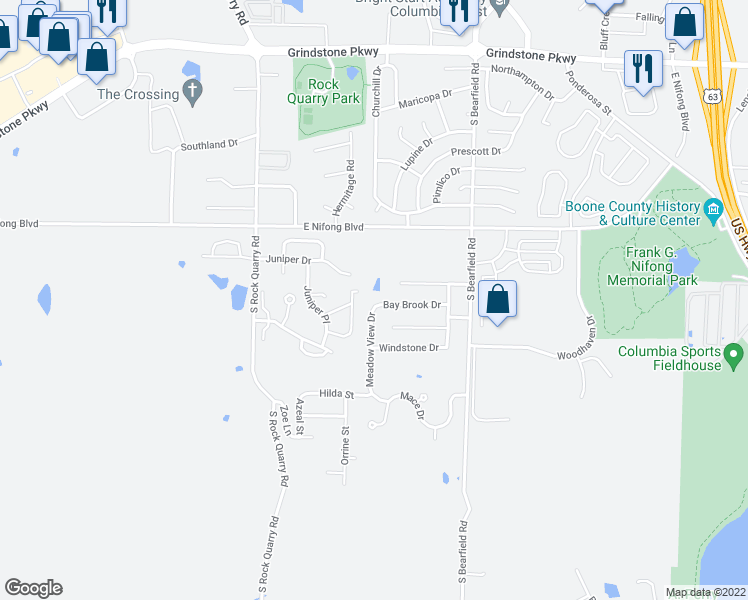 map of restaurants, bars, coffee shops, grocery stores, and more near 4001 Meadow View Drive in Columbia