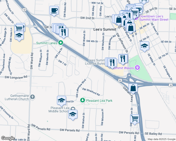 map of restaurants, bars, coffee shops, grocery stores, and more near 910 Southwest Lakeview Boulevard in Lee's Summit
