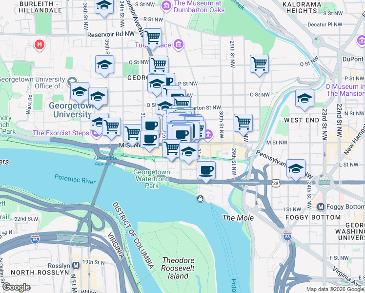 map of restaurants, bars, coffee shops, grocery stores, and more near 3150 M Street Northwest in Washington
