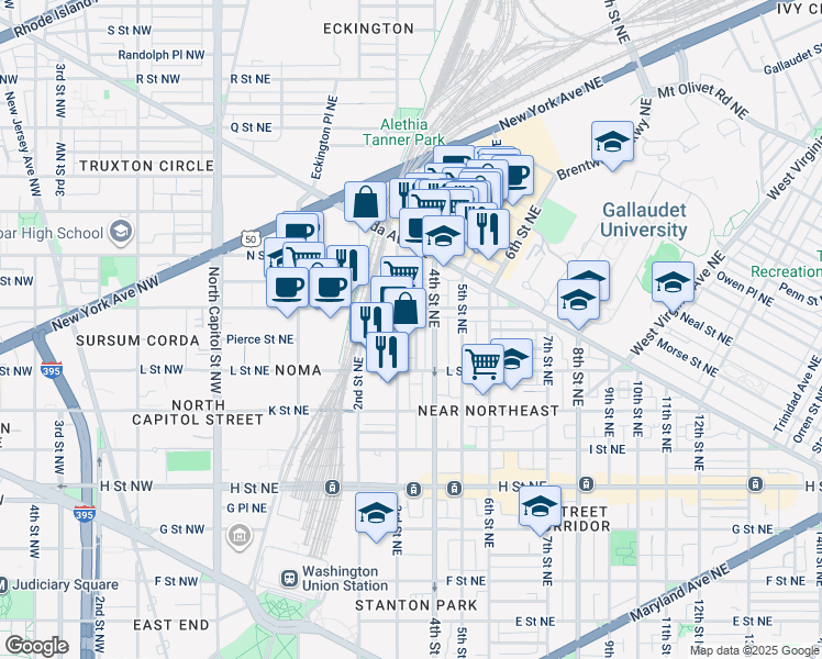map of restaurants, bars, coffee shops, grocery stores, and more near 101 Independence Avenue Southeast in Washington