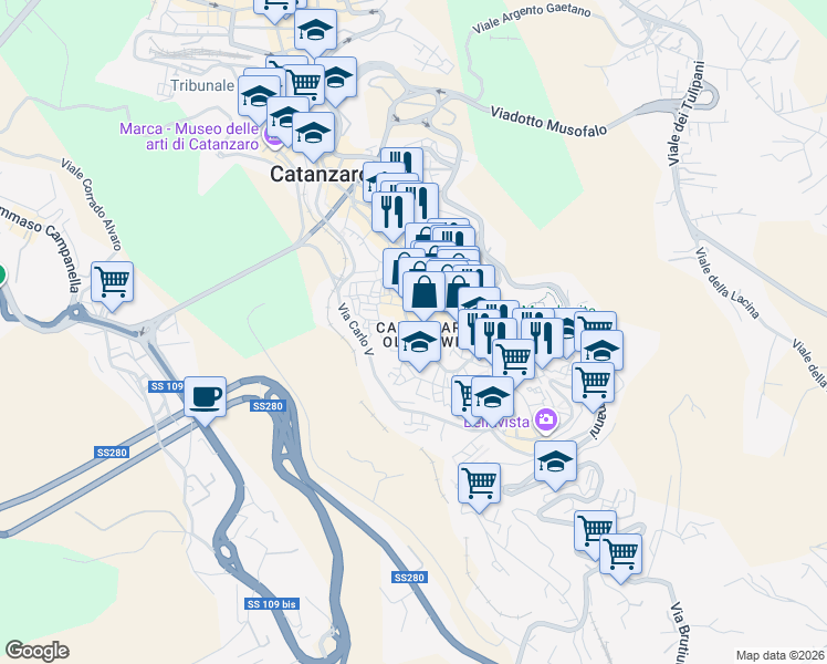 map of restaurants, bars, coffee shops, grocery stores, and more near 7-9 Via Educandato in Catanzaro