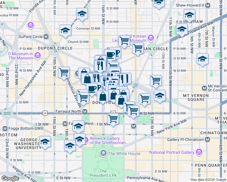 map of restaurants, bars, coffee shops, grocery stores, and more near 1152 15th Street Northwest in Washington
