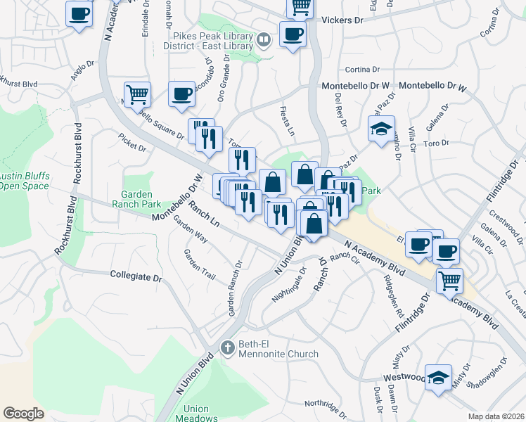 map of restaurants, bars, coffee shops, grocery stores, and more near 5125 North Academy Boulevard in Colorado Springs