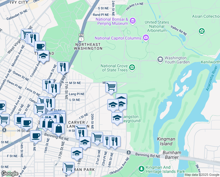 map of restaurants, bars, coffee shops, grocery stores, and more near 101 Independence Avenue Southeast in Washington