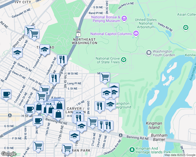 map of restaurants, bars, coffee shops, grocery stores, and more near 101 Independence Avenue Southeast in Washington
