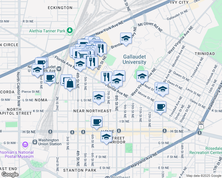 map of restaurants, bars, coffee shops, grocery stores, and more near 101 Independence Avenue Southeast in Washington