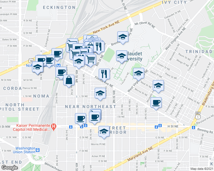 map of restaurants, bars, coffee shops, grocery stores, and more near 101 Independence Avenue Southeast in Washington