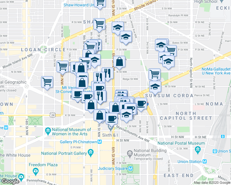 map of restaurants, bars, coffee shops, grocery stores, and more near 101 Independence Avenue Southeast in Washington