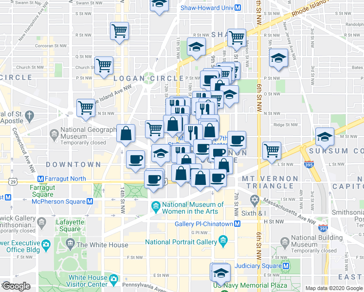 map of restaurants, bars, coffee shops, grocery stores, and more near 1111 11th Street Northwest in Washington