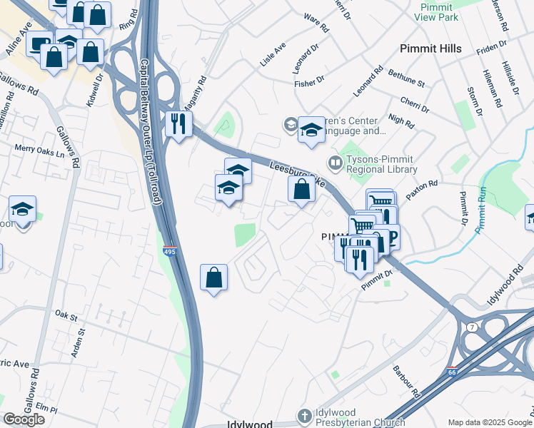 map of restaurants, bars, coffee shops, grocery stores, and more near 7710 Marshall Heights Court in Falls Church