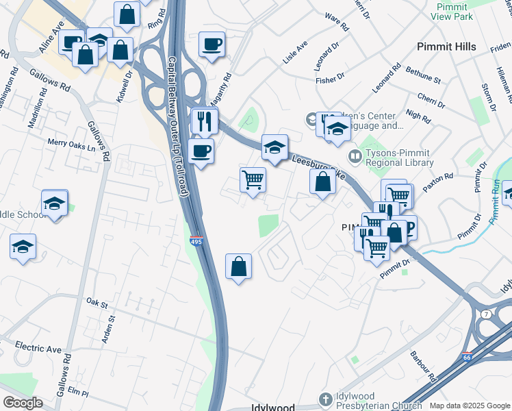 map of restaurants, bars, coffee shops, grocery stores, and more near 7731 Leesburg Pike in Falls Church