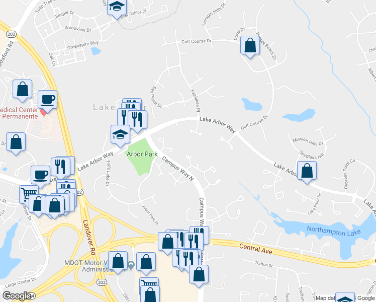 map of restaurants, bars, coffee shops, grocery stores, and more near 1029 Downing Court in Bowie