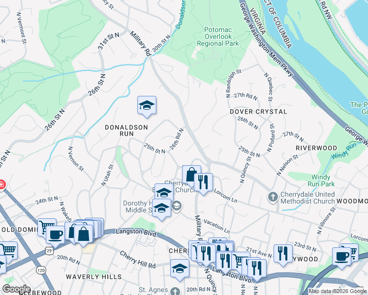 map of restaurants, bars, coffee shops, grocery stores, and more near 4119 25th Place North in Arlington