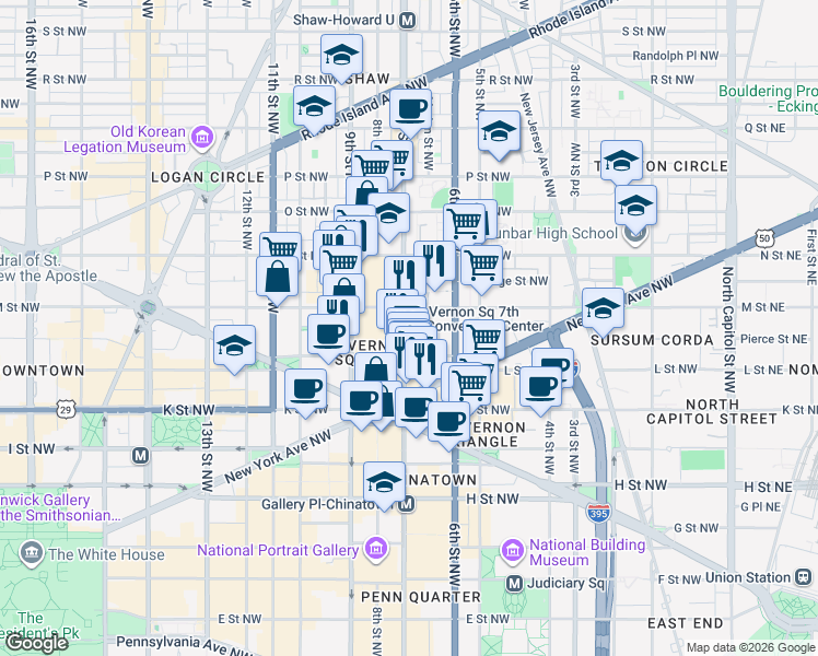 map of restaurants, bars, coffee shops, grocery stores, and more near 1117 7th Street Northwest in Washington