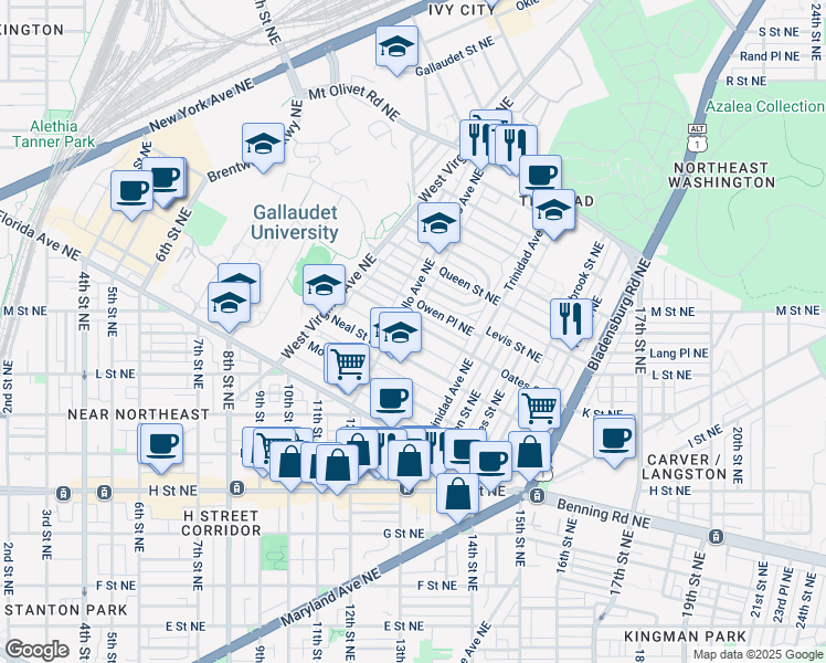 map of restaurants, bars, coffee shops, grocery stores, and more near 1217 Oates Street Northeast in Washington