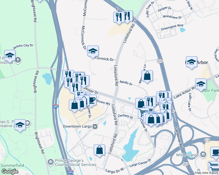 map of restaurants, bars, coffee shops, grocery stores, and more near 9300 Lottsford Road in Upper Marlboro