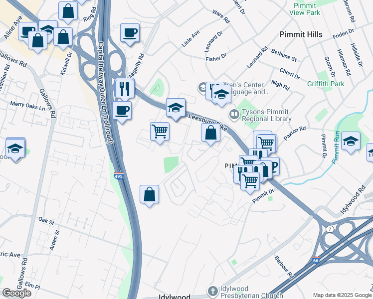 map of restaurants, bars, coffee shops, grocery stores, and more near 7710 Marshall Heights Court in Falls Church