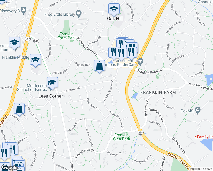 map of restaurants, bars, coffee shops, grocery stores, and more near 3401 Cotton Top Court in Fairfax