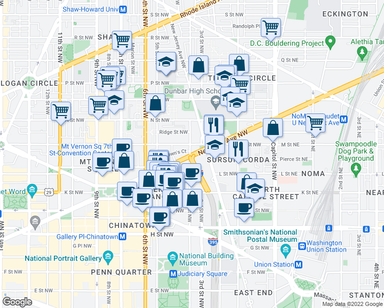 map of restaurants, bars, coffee shops, grocery stores, and more near 101 Independence Avenue Southeast in Washington
