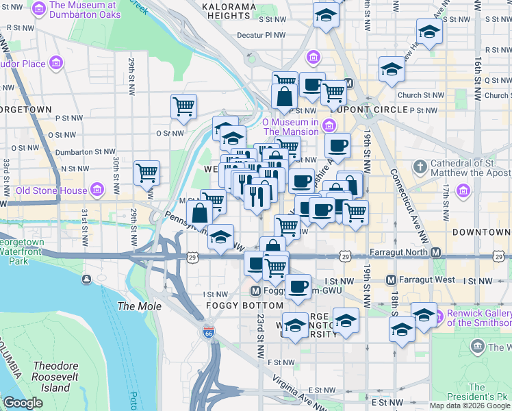 map of restaurants, bars, coffee shops, grocery stores, and more near 2300 M Street Northwest in Washington