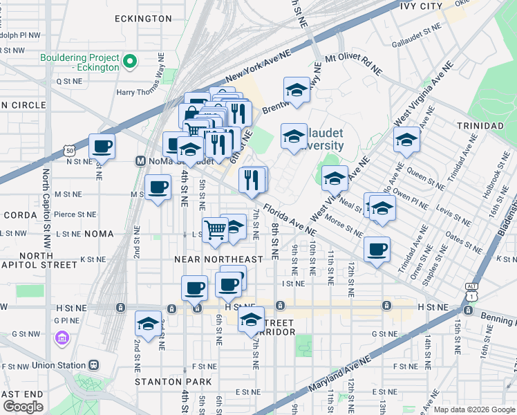 map of restaurants, bars, coffee shops, grocery stores, and more near 701 Florida Avenue Northeast in Washington