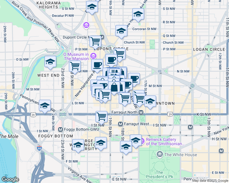 map of restaurants, bars, coffee shops, grocery stores, and more near 1145 19th Street Northwest in Washington