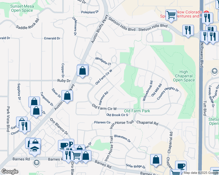 map of restaurants, bars, coffee shops, grocery stores, and more near 5081 Harvest Road in Colorado Springs