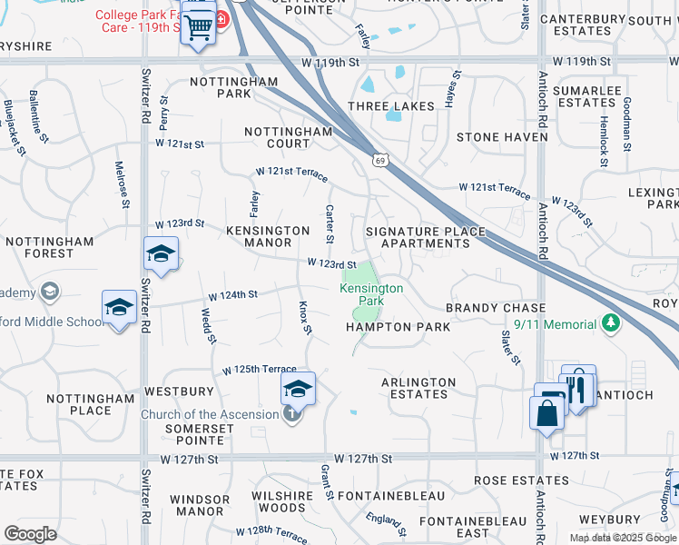 map of restaurants, bars, coffee shops, grocery stores, and more near 9600 West 123rd Street in Overland Park