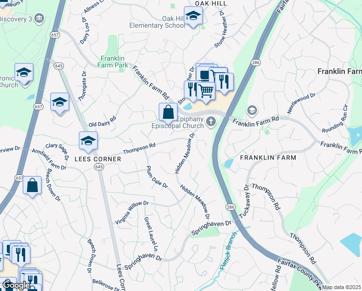 map of restaurants, bars, coffee shops, grocery stores, and more near 3401 Cotton Top Court in Fairfax