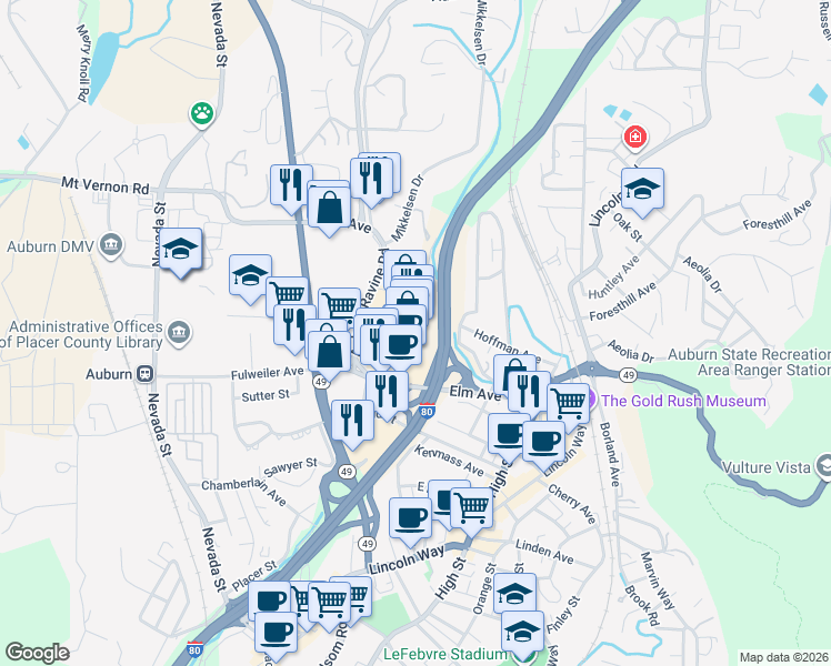 map of restaurants, bars, coffee shops, grocery stores, and more near 372 Elm Avenue in Auburn