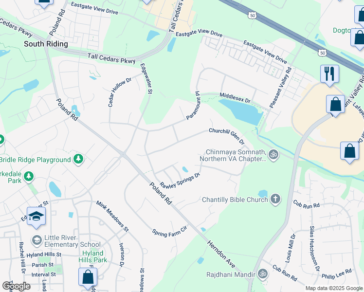 map of restaurants, bars, coffee shops, grocery stores, and more near 43773 ChurcHill Glen Drive in Chantilly