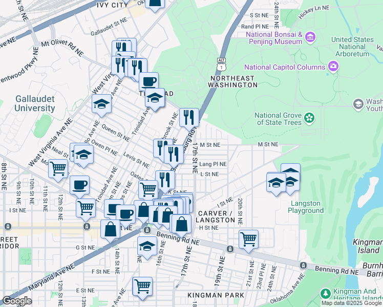 map of restaurants, bars, coffee shops, grocery stores, and more near 1636 Lyman Place Northeast in Washington