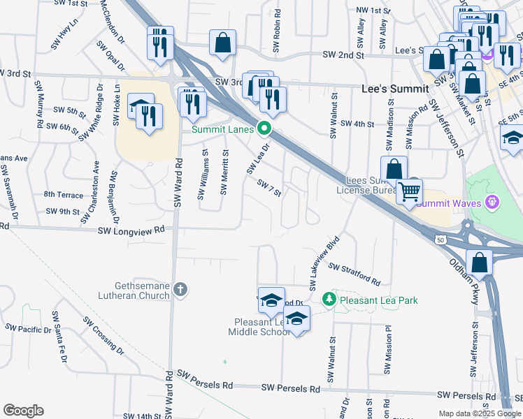 map of restaurants, bars, coffee shops, grocery stores, and more near 806 Southwest Pleasant Drive in Lee's Summit