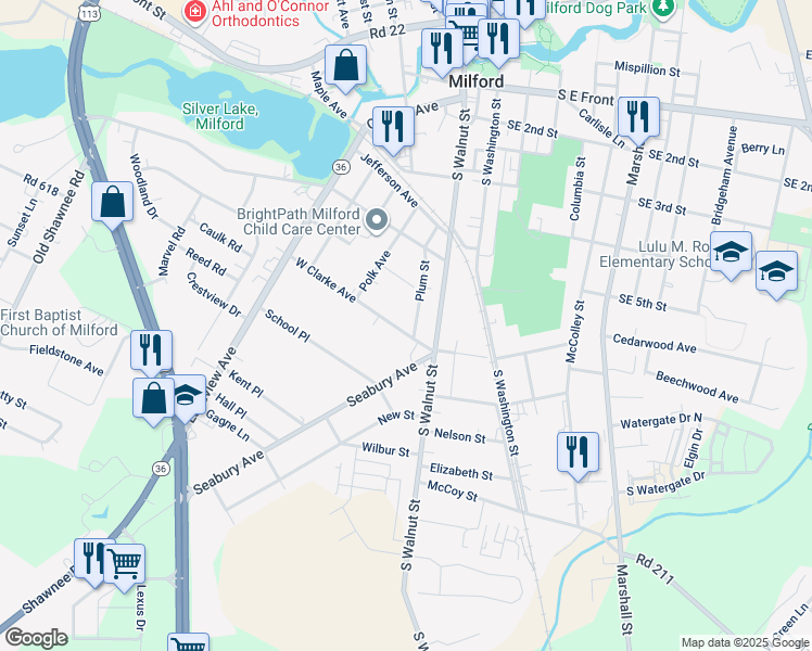 map of restaurants, bars, coffee shops, grocery stores, and more near 7 West Clarke Avenue in Milford