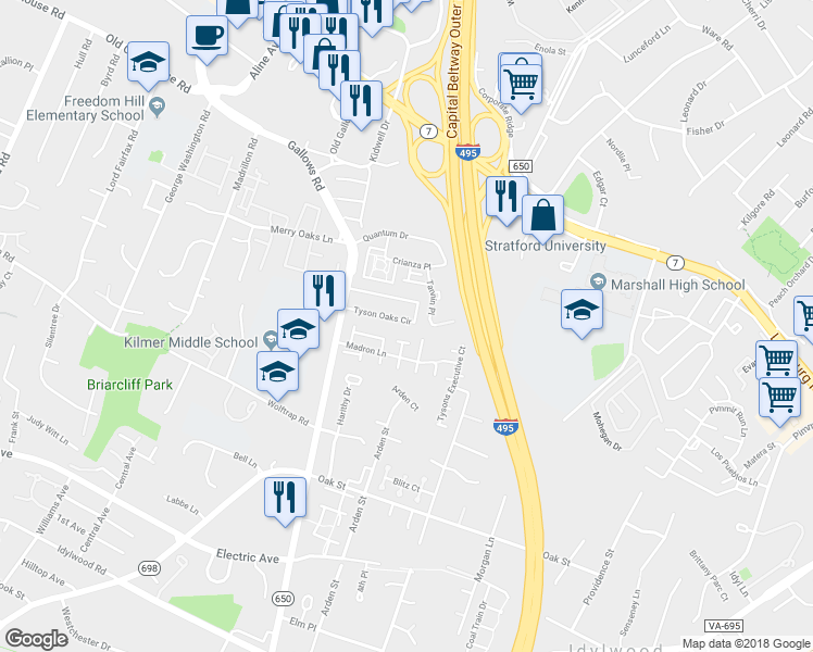 map of restaurants, bars, coffee shops, grocery stores, and more near 7979 Tyson Oaks Circle in Vienna