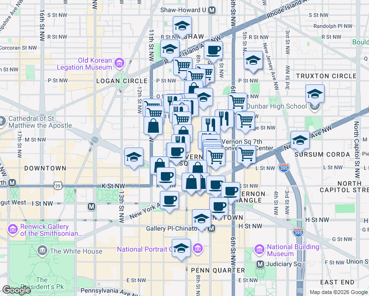 map of restaurants, bars, coffee shops, grocery stores, and more near 1122 9th Street Northwest in Washington