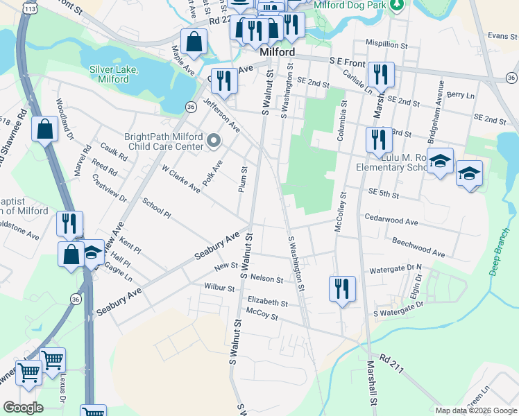 map of restaurants, bars, coffee shops, grocery stores, and more near 425 South Walnut Street in Milford
