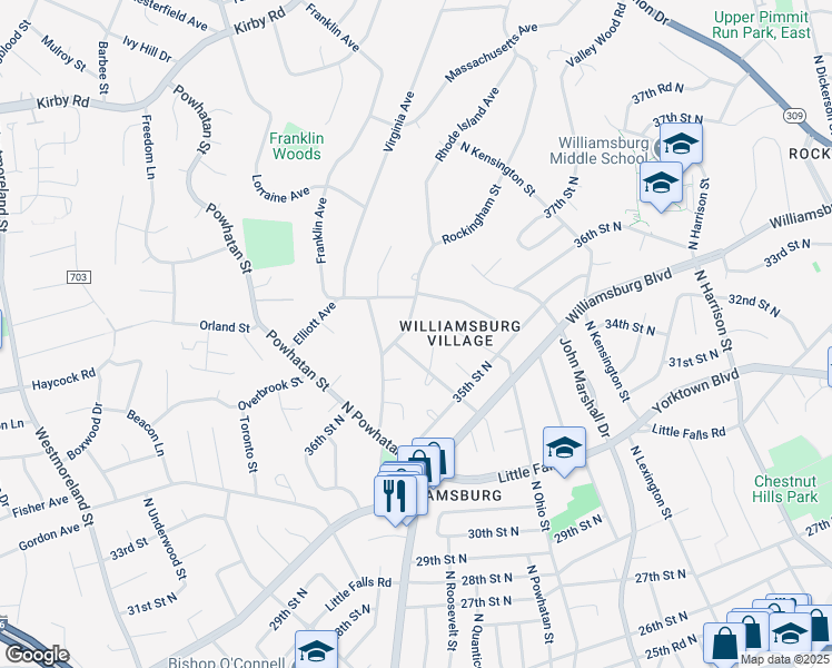 map of restaurants, bars, coffee shops, grocery stores, and more near 3657 North Rockingham Street in Arlington