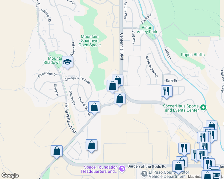 map of restaurants, bars, coffee shops, grocery stores, and more near 4510 Eileen Court in Colorado Springs