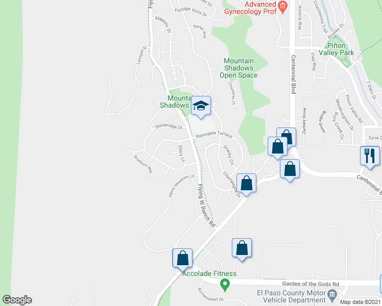 map of restaurants, bars, coffee shops, grocery stores, and more near 4950 Flying West Ranch Road in Colorado Springs